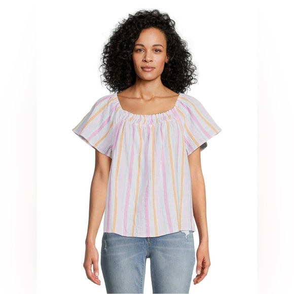 Time and Tru Tops - Time and Tru Pastel Multicolor Striped Peasant Top